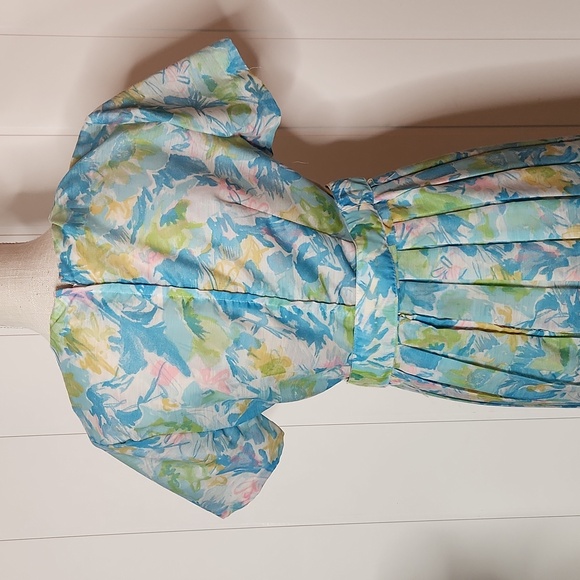 1960's Rare watercolor floral Belted pleated Cottagecore Midi Dress - Picture 4 of 11